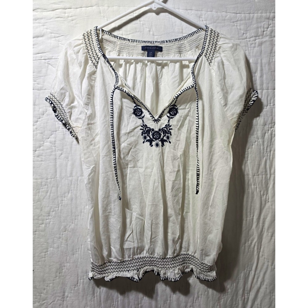 Tommy Hilfiger Embroidered Smocked Peasant Blouse V-Neck Size S VNTG BOHO Folk